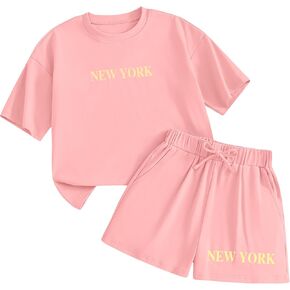 Girls 2 Piece Outfits Casual New York Short Sleeve Oversized T-Shirt and Elastic Waist Shorts Set Summer Outfit in Kuwait