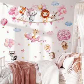 Pink Animal Hot Air Balloon Wall Decals, Lion, Fox, Elephant, Rabbit，Flowers，Balloons Wall Stickers Baby Nursery Bedroom Girls Toddler Pink Room Peel and Stick. in Kuwait