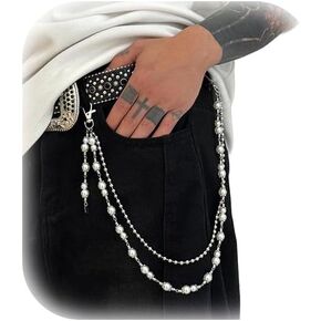 Gothic Bead Hip Hop Pants Chain for Men,Punk Pants Chain Belt Chain Wallet Chain Pocket Chain Layered Pearl Bead Keychains Trouser Chain Jeans Chain for Women Men in Kuwait