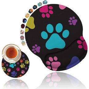 Ergonomic Mouse Pad with Gel Wrist Rest Support, Non Slip PU Base Mouse Pad Wrist Rest for Computer, Laptop, Home Office Gaming, Easy Typing & Pain Relief Colorful Dog Footprints + Cup Coaster in Kuwait