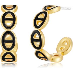 14K Gold Plated Mariner Link Hoop Earrings for Women - Black Enamel Chunky Chain C-Hoops, Hypoallergenic Trendy Gold Statement Jewelry Gift in Kuwait