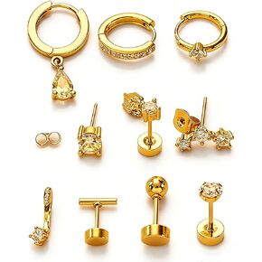 9Pcs Hypoallergenic 14K Gold Plated Hoop Stud Earring Stacks, Easter Basket Stuffers, Multiple Piercings Jewelry, Surgical Stainless Steel Earring Set for Sensitive Ears in Saudi Arabia