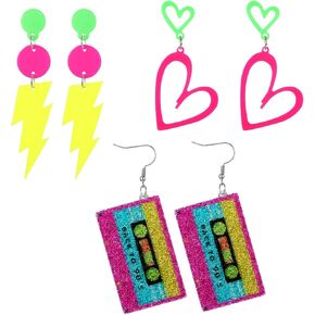 3 Pairs 80 s 90 s Earrings for Women, Glow Party Neon Earring Hoop Hollow Lightning Heart Hoop Earrings Accessories Neon Jewelry for Christmas Halloween Costume Outfits in Kuwait