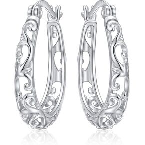 Alphm Filigree Hoop Earrings for Women 925 Sterling Silver Oval Openwork Filigree Simple Lightweight Hypoallergenic Vintage Hollow U Shaped Hoops Earring Birthday Jewelry Gifts in Saudi Arabia