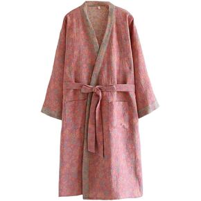 PRINCESS BRIDE Large Yarn-dyed Jacquard Muslin Japanese Robe Breathable Nightgown Kimono Robe Yukata Cozy Bathrobe for Women(Pink) in Kuwait