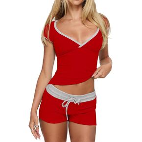 LEEDYA Women Summer 2 Piece Pajama Sets Sexy Basic Short Sleeve V Neck Nightwear Y2k PJ Shorts Workout Lounge Set Sleepwear in Kuwait