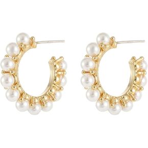 14K Gold Plated Earrings for Women Trendy White Pearl Earrings for Women Small Huggie Hoop Earrings Lightweight Open Circle Round Pearl Studs Earring Jewelry for Gift for Women Lover Wife Mom Birthday in Kuwait