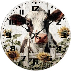 Holstein Cow Sunflower Wooden Wall Clock, 10 Inch Silent Non-Ticking Decorative Clock, Farmhouse Rural Decor for Living Room Bedroom in Saudi Arabia