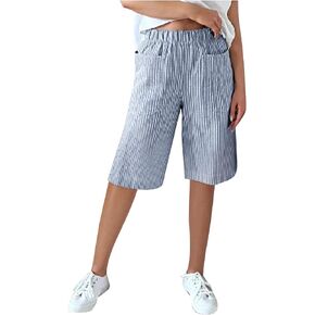 Women Striped Bermuda Shorts Knee Length Elastic Waist Casual Summer Wide Leg Beach Vacation Lounge Beach Short Pants in Kuwait