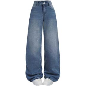Nivne Tco Teen Girl Baggy Jeans Casual Elastic Waist & Zipper Fly Loose Fit Denim Trousers Wide Leg Denim Pants with Pockets in Kuwait