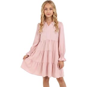 Cubear Girls' Casual A-Line Dress with Ruffle Hem Long Sleeve V-Neck Pocket Teen Girls Dress Tween Junior Dresses, 5-14 Years in Kuwait