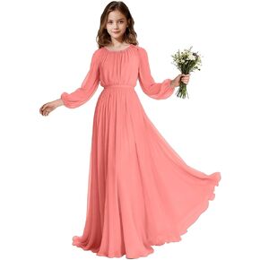 Long Sleeve Junior Bridesmaid Dresses Chiffon Flower Girl Dress Wedding Guest Dress Girls Formal Pageant Party Gown in Kuwait