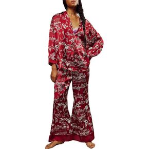 Women Y2k Satin Pajamas Set Floral Print Long Sleeve Button Shirt Wide Leg Pants 2 Piece Silk Lounge Set in Kuwait