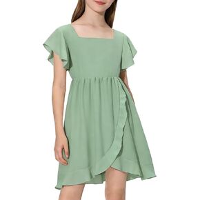 فستان صيفي للفتيات برقبة مربعة وأكمام مكشكشة على شكل حرف A فستان قصير كاجوال مع ظهر مرن سموكينغ 6-14 سنة in Kuwait