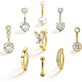 خاتم زر البطن الذهبي - مجموعة مجوهرات السرة الفولاذية الجراحية المضادة للحساسية 14 جرام، 9 قطع حلقات بطن أنيقة للنساء مع لؤلؤ فراشة على شكل قلب، متدلية متلألئة تشيكوسلوفاكيا، حلقة زر البطن in Kuwait