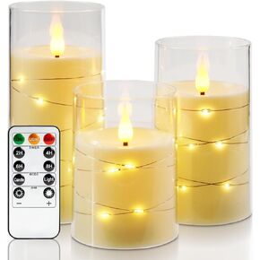 Amagic LED Flameless Candles, Battery Operated Candles with Embedded Fairy Lights, Acrylic Fake Candles with Remote and Timer for Wedding Home Decor, Ivory White, Set of 3, D3 x H4 5" 6" in Kuwait