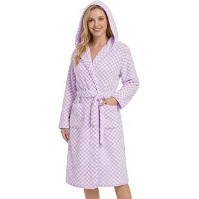 Checkered Hooded Bathrobe for Women, Coral Fleece Quick Dry Soft Absorbent Plush Y2K Robe in Kuwait