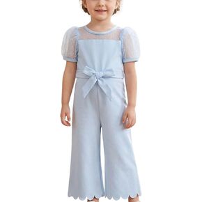 HINTINA Toddler Girl Contrast Mesh Puff Short Sleeve High Waist Jumpsuit Belted Wide leg Romper in Kuwait
