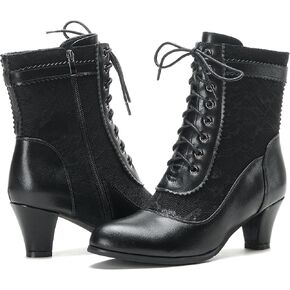 ErikenUrben Victorian Lace Up Ankle Boots for Women Black Vintage Mid Heel Booties with Side Zipper in Kuwait