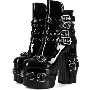 Frankie Hsu Handmade Goth Chunky Platform Ankle High Heeled Bootie, Black Patent Buckle Strap Punk Gothic Y2K Hot Cool Girl Shoes For Women Men in Kuwait