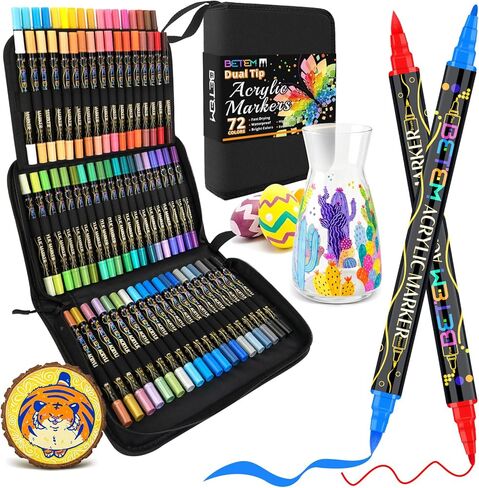 24 Colors Acrylic Paint Markers, Dual Tip Acrylic Paint Pens with Brush Tip and Fine Point, Art Supplies for Rock, Wood, Canvas, Stone, Glass, Ceramic, Rock Painting Kit DIY Crafts Making Drawing Kit in Kuwait