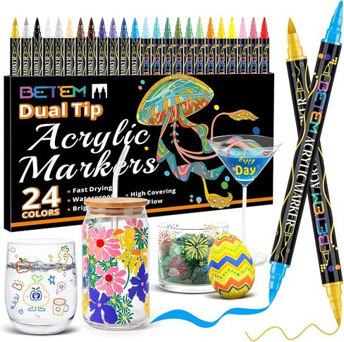 24 ألوان علامات الطلاء الاكريليك ، طرف ثنائي أقلام طلاء أكريليك مع طرف فرشاة ونقطة راقية ، لوازم فنية للصخور ، الخشب ، القماش ، الحجر ، الزجاج ، السيراميك ، روك الطلاء مجموعة الحرف اليدوية التي تصنع طقم الرسم in Kuwait