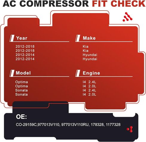 AC Compressor for Kia Optima & Hyundai Sonata l4 2.0L/2.4L 2012-2018|OE Replaces CO-29159C, 977013V110,178328 &More | Air Conditioning A/C Compressor & Component Kit| Restores Powerful Cooling in Kuwait
