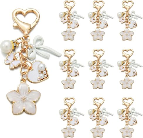PHAETN 10PCS White Cosmetics Heart Shape Charm Keychain Ladies Key Ring with Pearl Flower, Butterfly Bow and Handbag Pendants Wedding Festival Favor Birthday Gift for Women Gift in Saudi Arabia