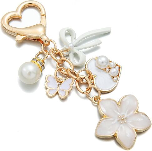 PHAETN 10PCS White Cosmetics Heart Shape Charm Keychain Ladies Key Ring with Pearl Flower, Butterfly Bow and Handbag Pendants Wedding Festival Favor Birthday Gift for Women Gift in Saudi Arabia