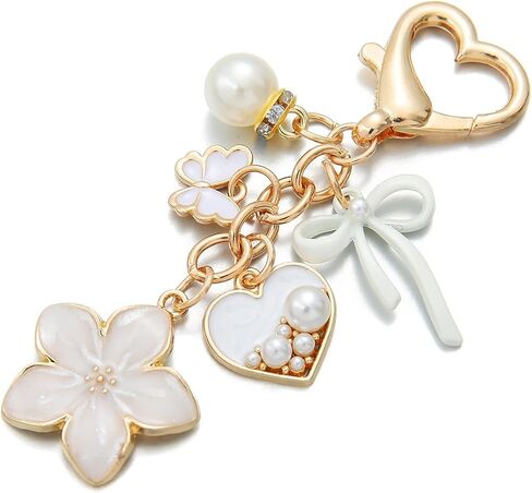 PHAETN 10PCS White Cosmetics Heart Shape Charm Keychain Ladies Key Ring with Pearl Flower, Butterfly Bow and Handbag Pendants Wedding Festival Favor Birthday Gift for Women Gift in Saudi Arabia