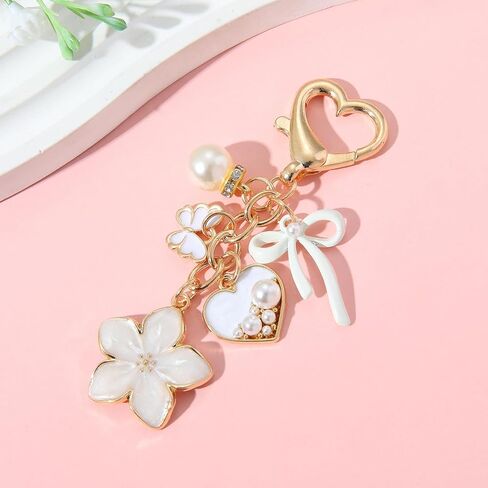 PHAETN 10PCS White Cosmetics Heart Shape Charm Keychain Ladies Key Ring with Pearl Flower, Butterfly Bow and Handbag Pendants Wedding Festival Favor Birthday Gift for Women Gift in Saudi Arabia