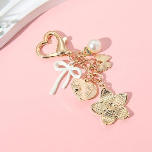 PHAETN 10PCS White Cosmetics Heart Shape Charm Keychain Ladies Key Ring with Pearl Flower, Butterfly Bow and Handbag Pendants Wedding Festival Favor Birthday Gift for Women Gift in Saudi Arabia