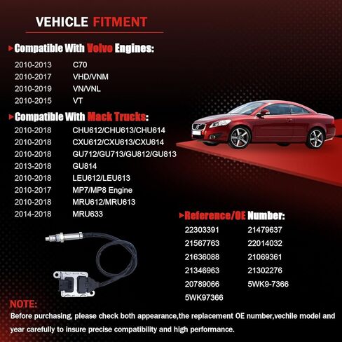 22303391 5WK97366 NOx Sensor Compatible with Volvo 2010-2019 C70 VHD VNM VNL VT,Nitrogen Oxide Sensor Fits for Mack 2010-2018 CHU612 CHU613 GU712 GU713 GU812 GU814 LEU612 LEU613 MP7 MP8 MRU612 MRU613 in Kuwait