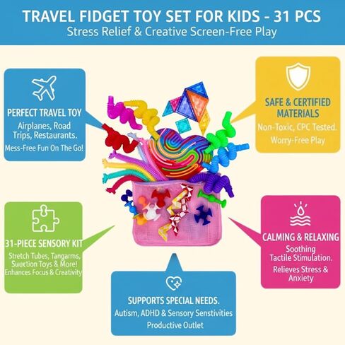 Travel Fidget Toy مجموعة للأطفال 26pcs مجموعة الحسية لإخفاء الإجهاد إبداع الفوضى شاشة مجانية تشمل حقيبة شاطئية للتخزين مثالية لتخزين الطائرات على الطريق هدية عيد ميلاد هدية عيد ميلاد in Saudi Arabia