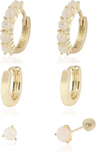 مجموعة أقراط هاجي هوب العصرية الذهبية - 3 أزواج من أقراط الغضروف المطلية عيار 14 قيراط للثقب المتعدد، وأزرار وأطواق بسيطة لا تسبب الحساسية للنساء in Kuwait