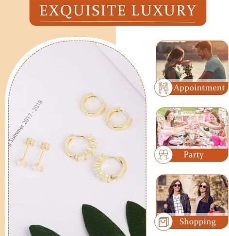 مجموعة أقراط هاجي هوب العصرية الذهبية - 3 أزواج من أقراط الغضروف المطلية عيار 14 قيراط للثقب المتعدد، وأزرار وأطواق بسيطة لا تسبب الحساسية للنساء in Kuwait