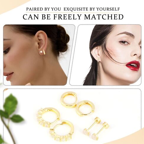 مجموعة أقراط هاجي هوب العصرية الذهبية - 3 أزواج من أقراط الغضروف المطلية عيار 14 قيراط للثقب المتعدد، وأزرار وأطواق بسيطة لا تسبب الحساسية للنساء in Kuwait