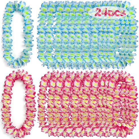 24pcs Leis for Luau Party, Hawaiian Leis Bulk Graduation Flower Necklaces Tropical Beach Wedding Gender Reveal Lei in Kuwait