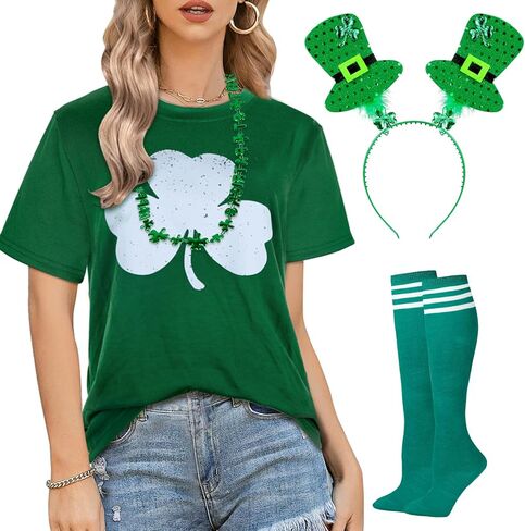 5PCS St. Patrick's Day Shirt Women Crew Neck Shamrock Summer T-Shirt Leggings Green Costume Accessories Kit in Saudi Arabia