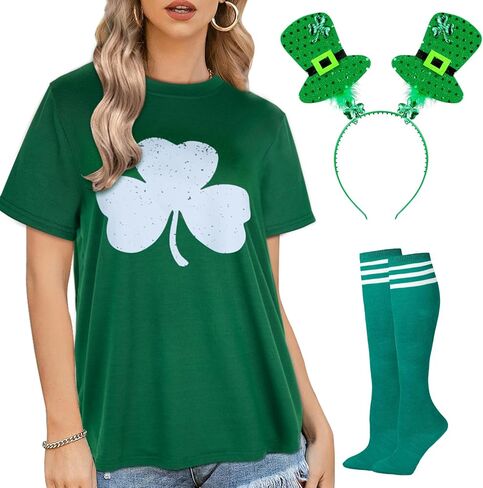 5PCS St. Patrick's Day Shirt Women Crew Neck Shamrock Summer T-Shirt Leggings Green Costume Accessories Kit in Saudi Arabia