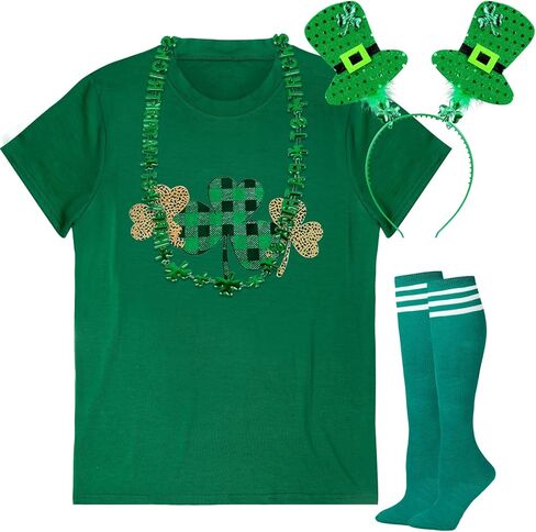 5PCS St. Patrick's Day Shirt Women Crew Neck Shamrock Summer T-Shirt Leggings Green Costume Accessories Kit in Kuwait