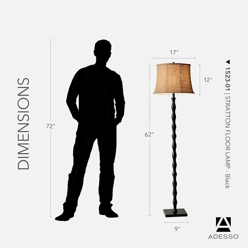 Adesso 1523-01 Stratton Floor Lamp, 62 in., 2 x 150 W Incandescent/CFL, Black/Brown, 1 Black Lamp in Kuwait