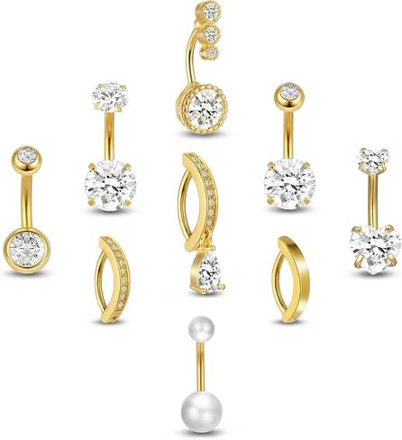 9PCS Gold Belly Button Rings, Anti-Sensitive Stainless Steel Dangle Belly Piercing Jewelry, Exquisite Versatile Navel Piercing Jewelry for the Beach, Festivals and Everyday Wear in Kuwait