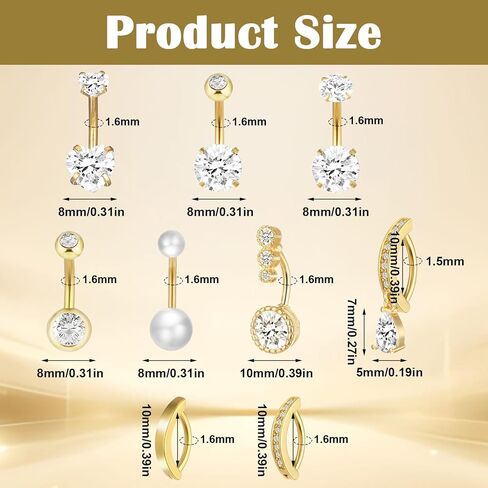 9PCS Gold Belly Button Rings, Anti-Sensitive Stainless Steel Dangle Belly Piercing Jewelry, Exquisite Versatile Navel Piercing Jewelry for the Beach, Festivals and Everyday Wear in Kuwait
