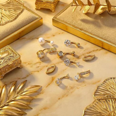 9PCS Gold Belly Button Rings, Anti-Sensitive Stainless Steel Dangle Belly Piercing Jewelry, Exquisite Versatile Navel Piercing Jewelry for the Beach, Festivals and Everyday Wear in Kuwait