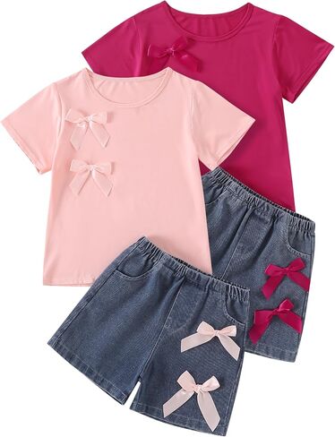 Girls Summer Outfit 4 Piece Short Sleeve Bow Shirt and Bowknot Denim Short with Pocket Kids Casual Wear Size 3-12 Years in Kuwait
