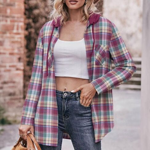 Women Casual Plaid Hooded Coat Button-Up Top with Pockets for Fall Winter in Saudi Arabia