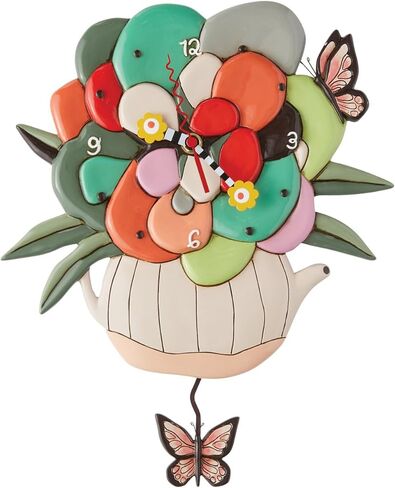 Enesco Allen Designs Tea Pot with Flowers and Butterflies Pendulum Wall Clock- Battery Operated Pendulum Analog Clock, Stone Resin Decorative Clocks for Walls Home Decor Kitchen Clocks, 9.85 Inch in Saudi Arabia
