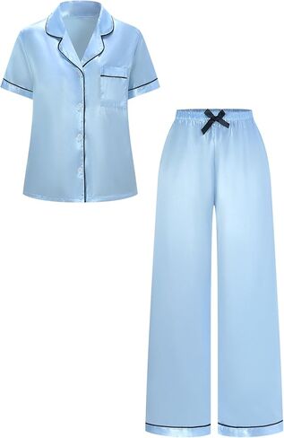 Women's Button Down Satin Pajamas 2 Piece Collared Short Sleeve Shirt and Pants Lounge Set Sleepwear in Kuwait