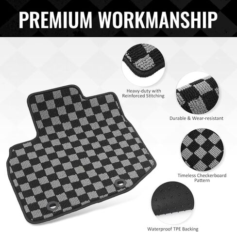 IKON MOTORSPORTS Loop Pile Tufted Car Floor Mats, Compatible with 2009-2013 Honda Fit, Checkered Grey Black Plaid, All Weather Anti-Slip 4PCS Set Car Protector Carpets in Saudi Arabia